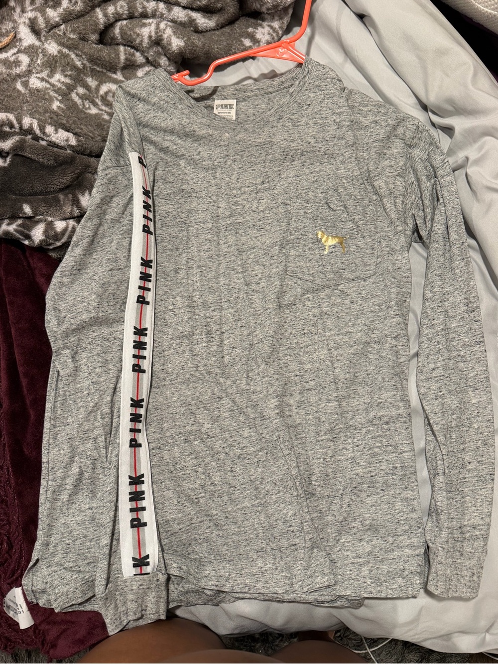 Victoria's Secret PINK Heather Gray Long-Sleeve Tee with Gold Dog Pocket Logo